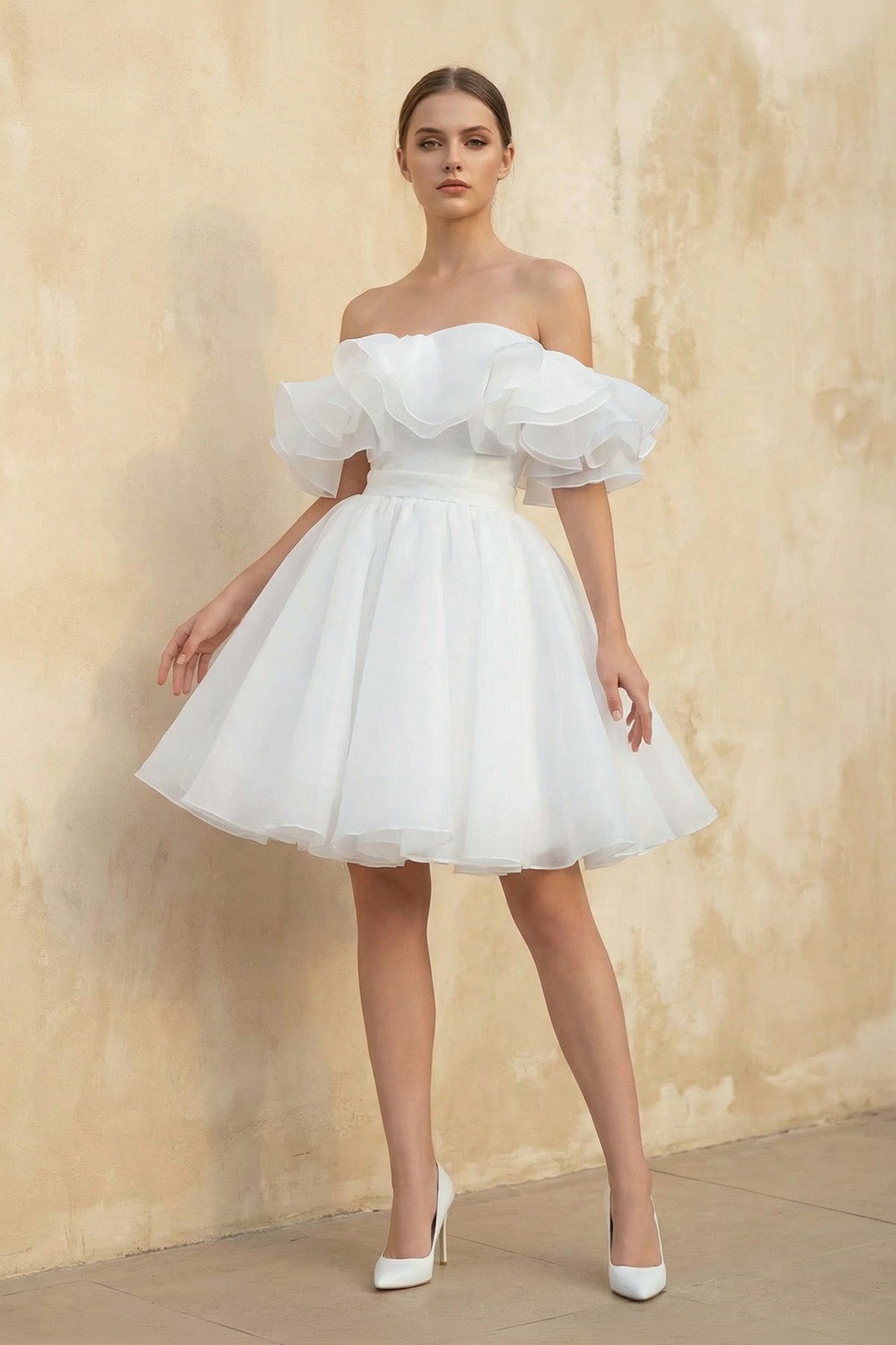 KissProm A-Line Off-The-Shoulder Sleeveless Short Mini Organza Wedding Dresses, Diamond White / 10
