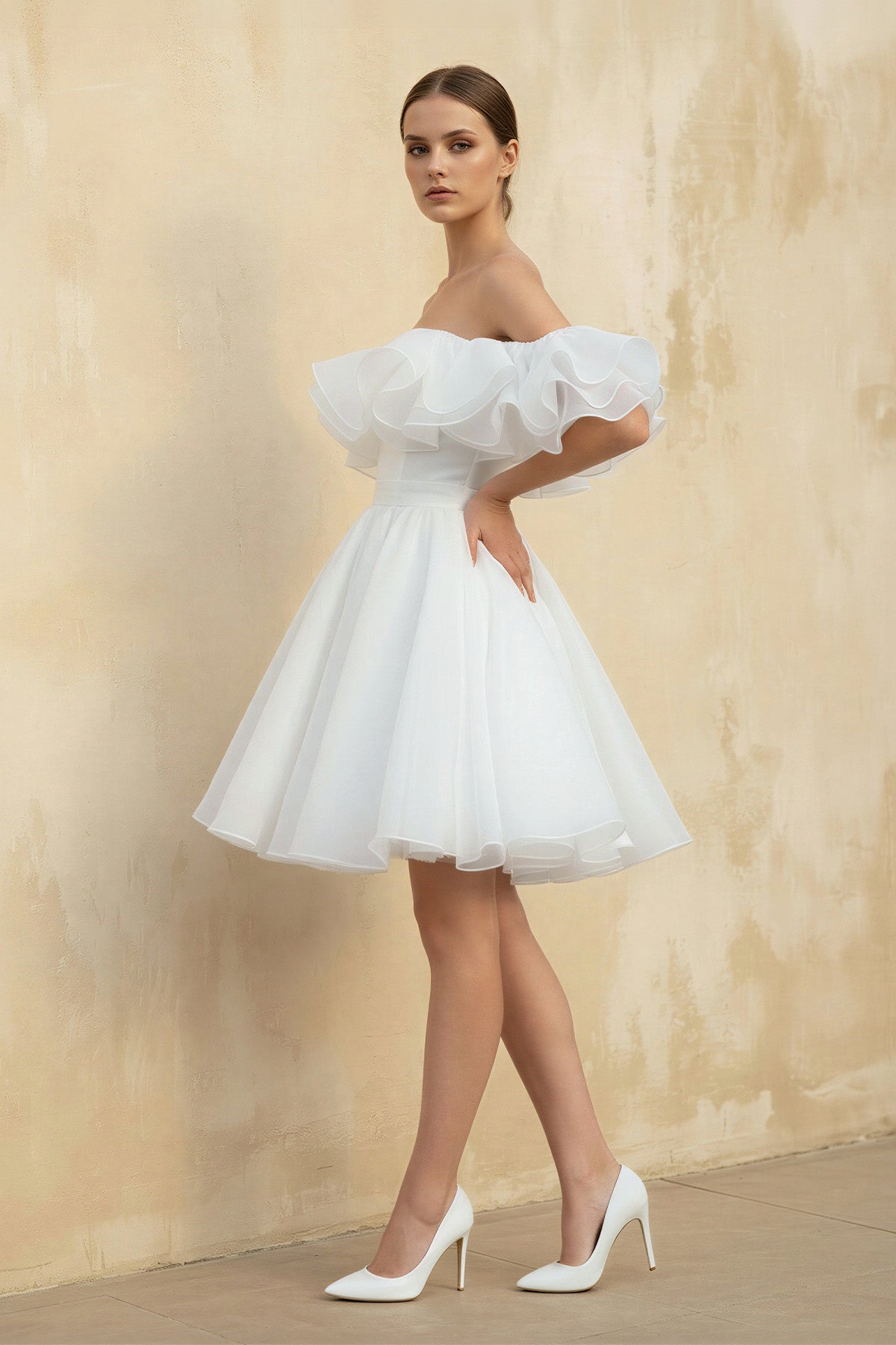 KissProm A-Line Off-The-Shoulder Sleeveless Short Mini Organza Wedding Dresses, Diamond White / 10