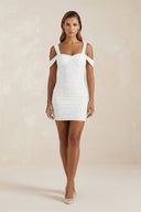 Off - the - Shoulder Pearl Sheath Mini Wedding Dress in White - KissProm Wedding Dresses