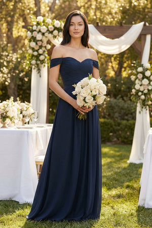 Off - the - Shoulder Pleated A - Line Chiffon Bridesmaid Dress - KissProm Bridesmaid Dresses