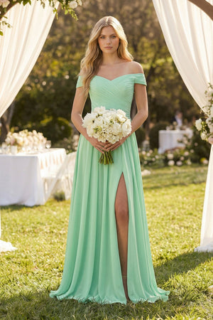 Off - the - Shoulder Pleated A - Line Chiffon Bridesmaid Dress - KissProm Bridesmaid Dresses