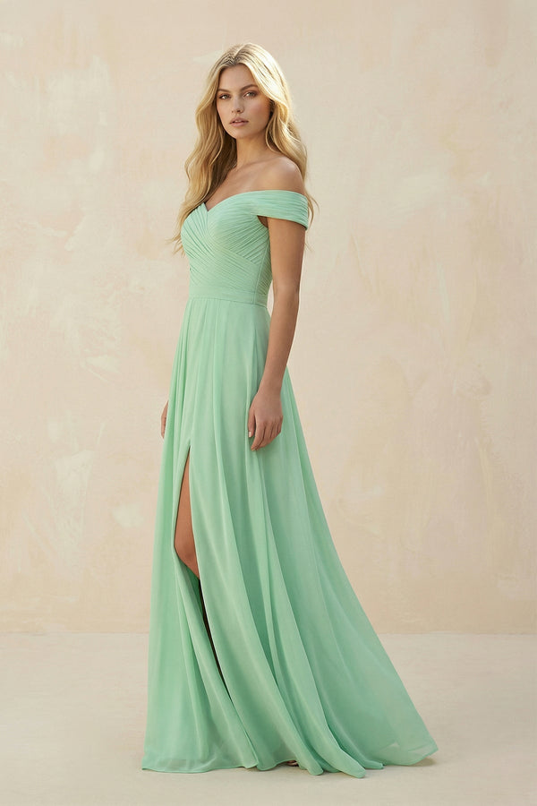 Off - the - Shoulder Pleated A - Line Chiffon Bridesmaid Dress - KissProm Bridesmaid Dresses