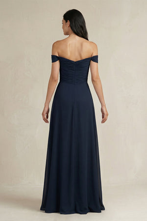 Off - the - Shoulder Pleated A - Line Chiffon Bridesmaid Dress - KissProm Bridesmaid Dresses