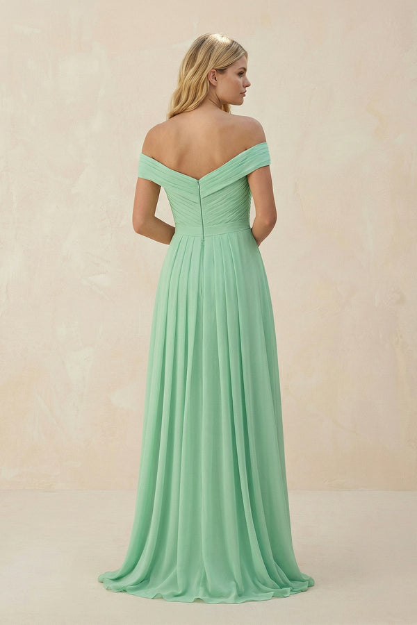 Off - the - Shoulder Pleated A - Line Chiffon Bridesmaid Dress - KissProm Bridesmaid Dresses
