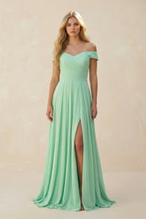 Off - the - Shoulder Pleated A - Line Chiffon Bridesmaid Dress - KissProm Bridesmaid Dresses