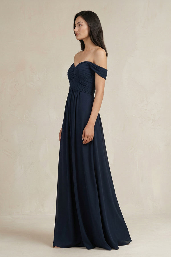 Off - the - Shoulder Pleated A - Line Chiffon Bridesmaid Dress - KissProm Bridesmaid Dresses