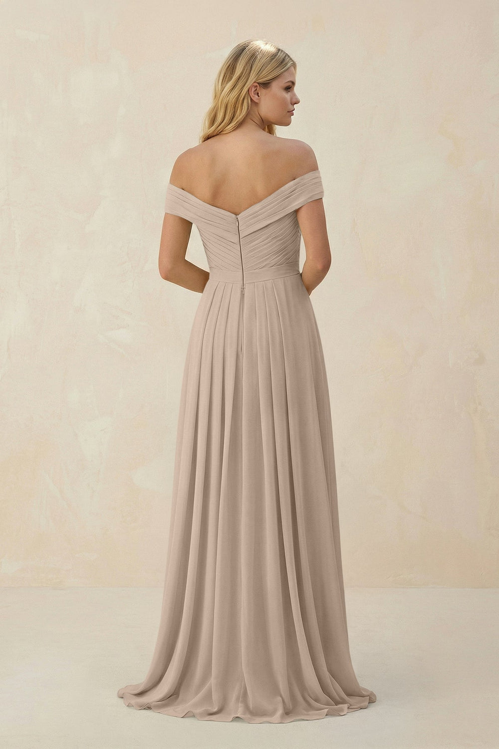 Off - the - Shoulder Pleated A - Line Chiffon Bridesmaid Dress in Almond - KissProm Bridesmaid Dresses