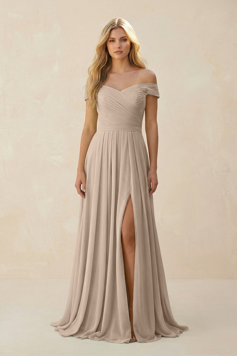 Off - the - Shoulder Pleated A - Line Chiffon Bridesmaid Dress in Almond - KissProm Bridesmaid Dresses