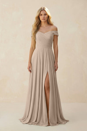 Off - the - Shoulder Pleated A - Line Chiffon Bridesmaid Dress in Almond - KissProm Bridesmaid Dresses