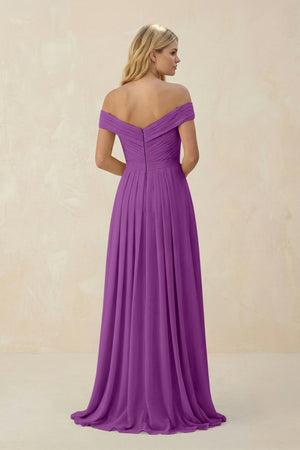 Off - the - Shoulder Pleated A - Line Chiffon Bridesmaid Dress in Amethyst - KissProm Bridesmaid Dresses