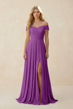Off - the - Shoulder Pleated A - Line Chiffon Bridesmaid Dress in Amethyst - KissProm Bridesmaid Dresses
