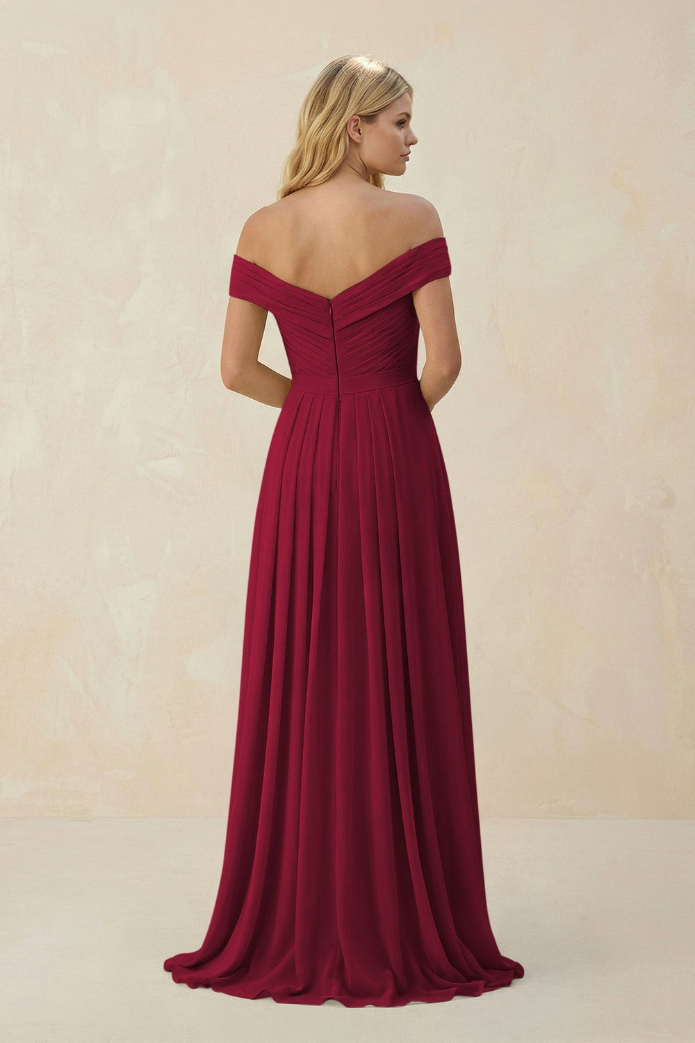 Off - the - Shoulder Pleated A - Line Chiffon Bridesmaid Dress in Berry - KissProm Bridesmaid Dresses