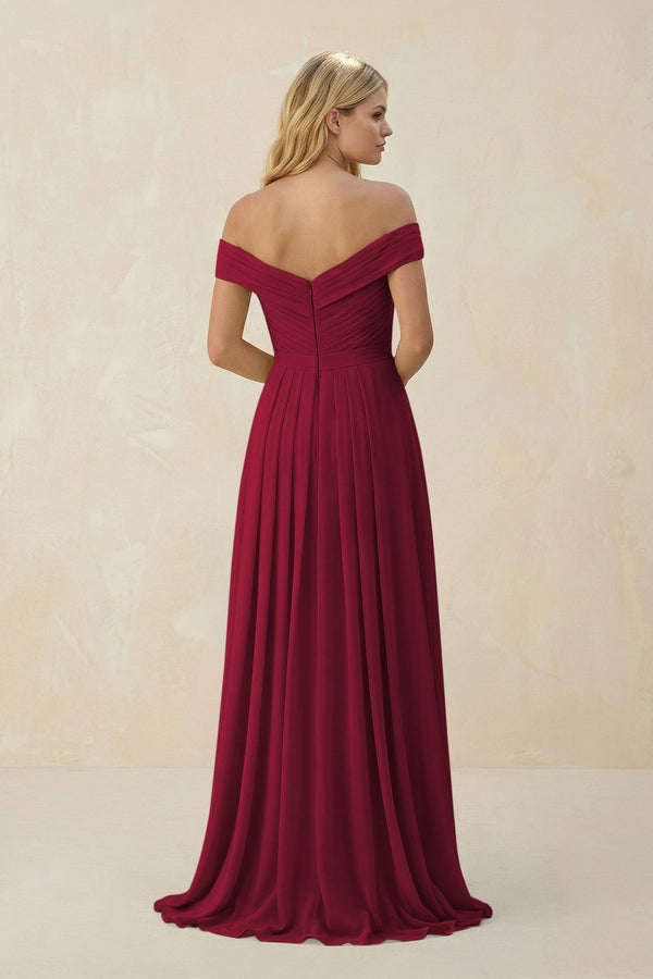 Off - the - Shoulder Pleated A - Line Chiffon Bridesmaid Dress in Berry - KissProm Bridesmaid Dresses