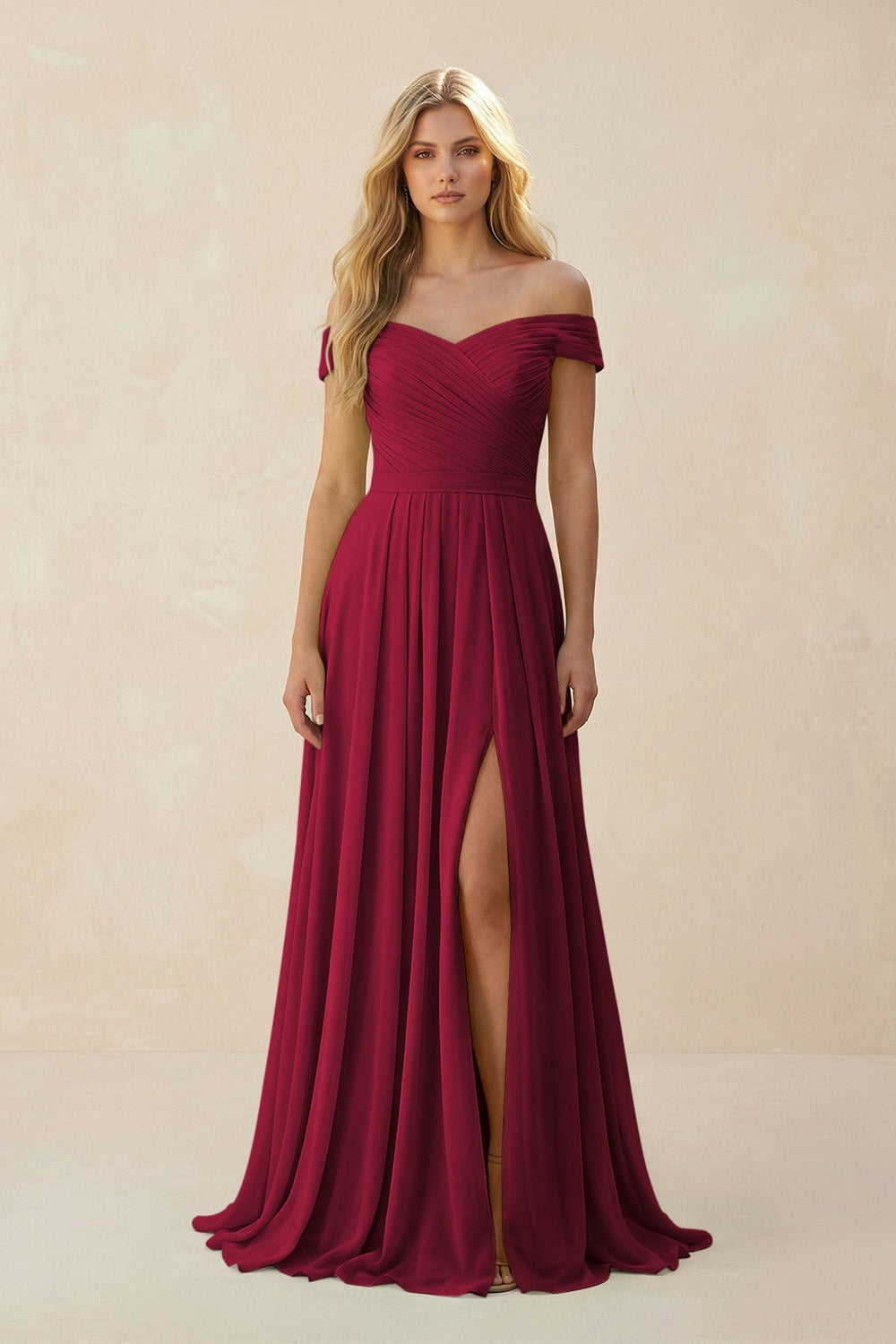 Off - the - Shoulder Pleated A - Line Chiffon Bridesmaid Dress in Berry - KissProm Bridesmaid Dresses