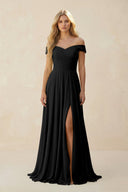 Off - the - Shoulder Pleated A - Line Chiffon Bridesmaid Dress in Black - KissProm Bridesmaid Dresses