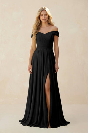 Off - the - Shoulder Pleated A - Line Chiffon Bridesmaid Dress in Black - KissProm Bridesmaid Dresses