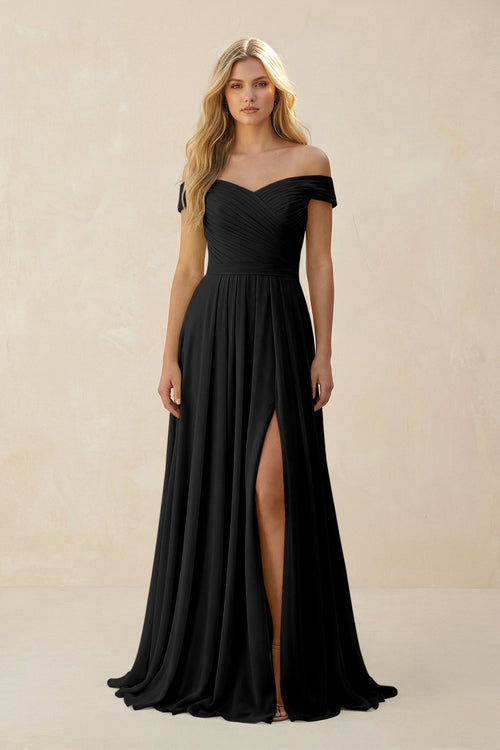 Off - the - Shoulder Pleated A - Line Chiffon Bridesmaid Dress in Black - KissProm Bridesmaid Dresses