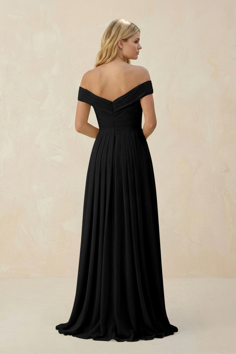 Off - the - Shoulder Pleated A - Line Chiffon Bridesmaid Dress in Black - KissProm Bridesmaid Dresses