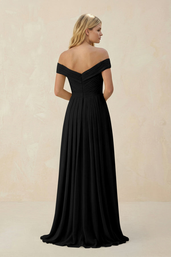 Off - the - Shoulder Pleated A - Line Chiffon Bridesmaid Dress in Black - KissProm Bridesmaid Dresses