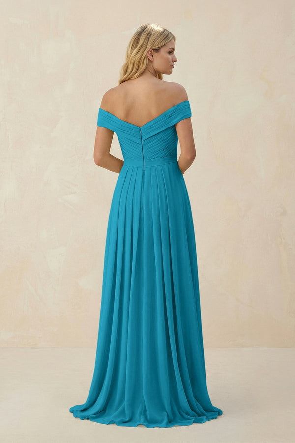 Off - the - Shoulder Pleated A - Line Chiffon Bridesmaid Dress in Blue Jay - KissProm Bridesmaid Dresses