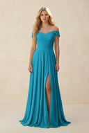 Off - the - Shoulder Pleated A - Line Chiffon Bridesmaid Dress in Blue Jay - KissProm Bridesmaid Dresses