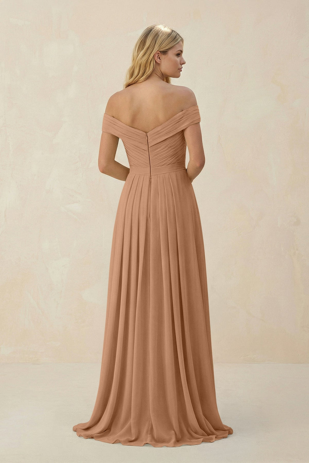 Off - the - Shoulder Pleated A - Line Chiffon Bridesmaid Dress in Bronzer - KissProm Bridesmaid Dresses