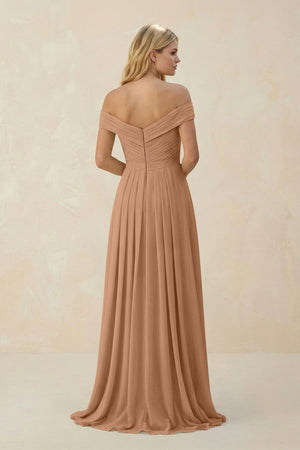 Off - the - Shoulder Pleated A - Line Chiffon Bridesmaid Dress in Bronzer - KissProm Bridesmaid Dresses