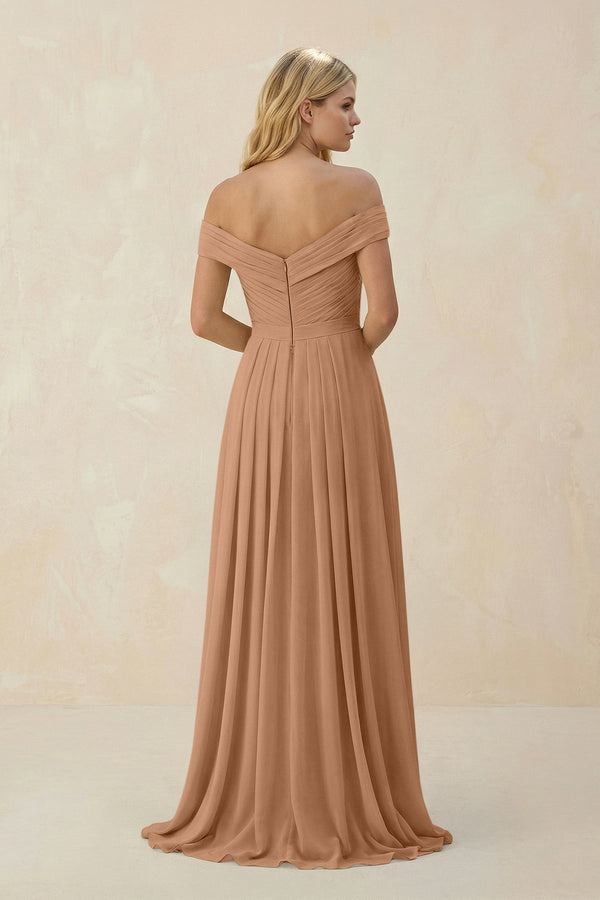 Off - the - Shoulder Pleated A - Line Chiffon Bridesmaid Dress in Bronzer - KissProm Bridesmaid Dresses