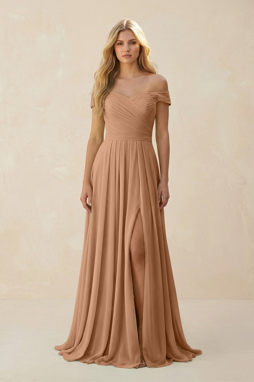 Off - the - Shoulder Pleated A - Line Chiffon Bridesmaid Dress in Bronzer - KissProm Bridesmaid Dresses