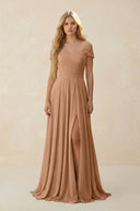 Off - the - Shoulder Pleated A - Line Chiffon Bridesmaid Dress in Bronzer - KissProm Bridesmaid Dresses