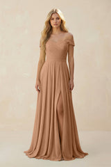 Off - the - Shoulder Pleated A - Line Chiffon Bridesmaid Dress in Bronzer - KissProm Bridesmaid Dresses