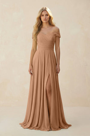 Off - the - Shoulder Pleated A - Line Chiffon Bridesmaid Dress in Bronzer - KissProm Bridesmaid Dresses