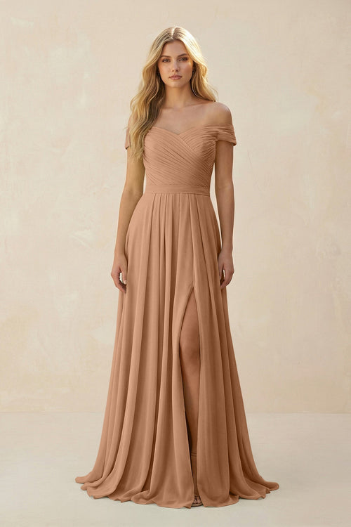 Off - the - Shoulder Pleated A - Line Chiffon Bridesmaid Dress in Bronzer - KissProm Bridesmaid Dresses