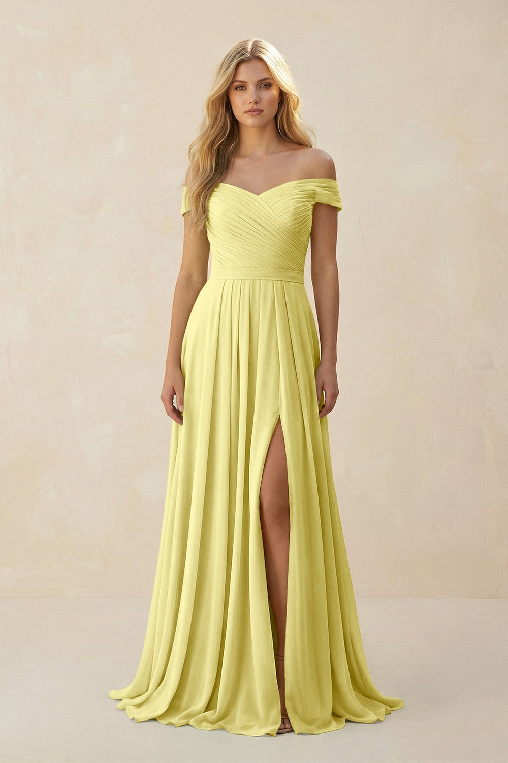 Off - the - Shoulder Pleated A - Line Chiffon Bridesmaid Dress in Buttercup - KissProm Bridesmaid Dresses