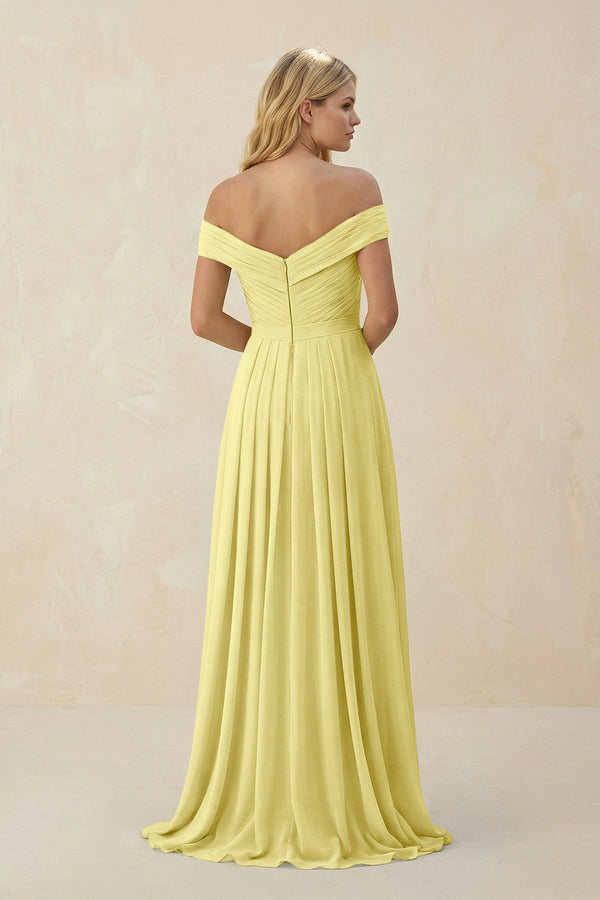 Off - the - Shoulder Pleated A - Line Chiffon Bridesmaid Dress in Buttercup - KissProm Bridesmaid Dresses