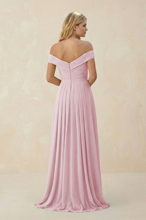 Off - the - Shoulder Pleated A - Line Chiffon Bridesmaid Dress in Candy Pink - KissProm Bridesmaid Dresses