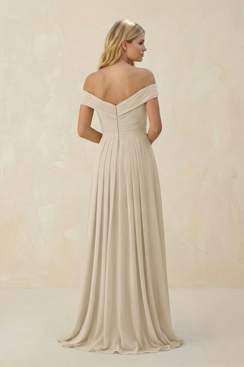 Off - the - Shoulder Pleated A - Line Chiffon Bridesmaid Dress in Champagne - KissProm Bridesmaid Dresses
