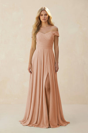 Off - the - Shoulder Pleated A - Line Chiffon Bridesmaid Dress in Champagne Rose - KissProm Bridesmaid Dresses