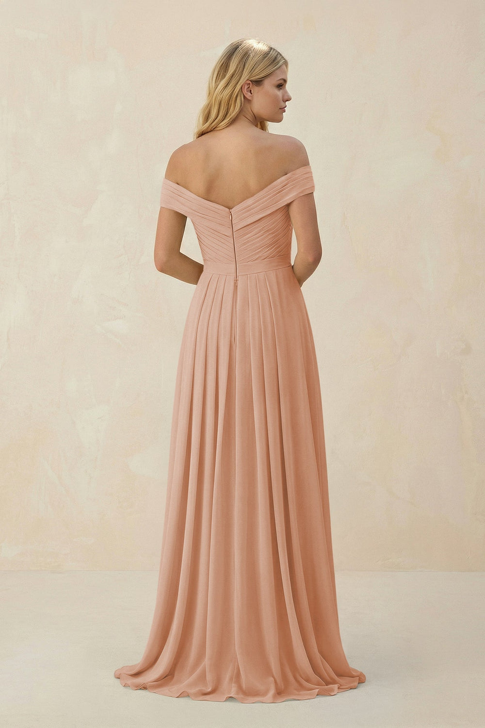 Off - the - Shoulder Pleated A - Line Chiffon Bridesmaid Dress in Champagne Rose - KissProm Bridesmaid Dresses