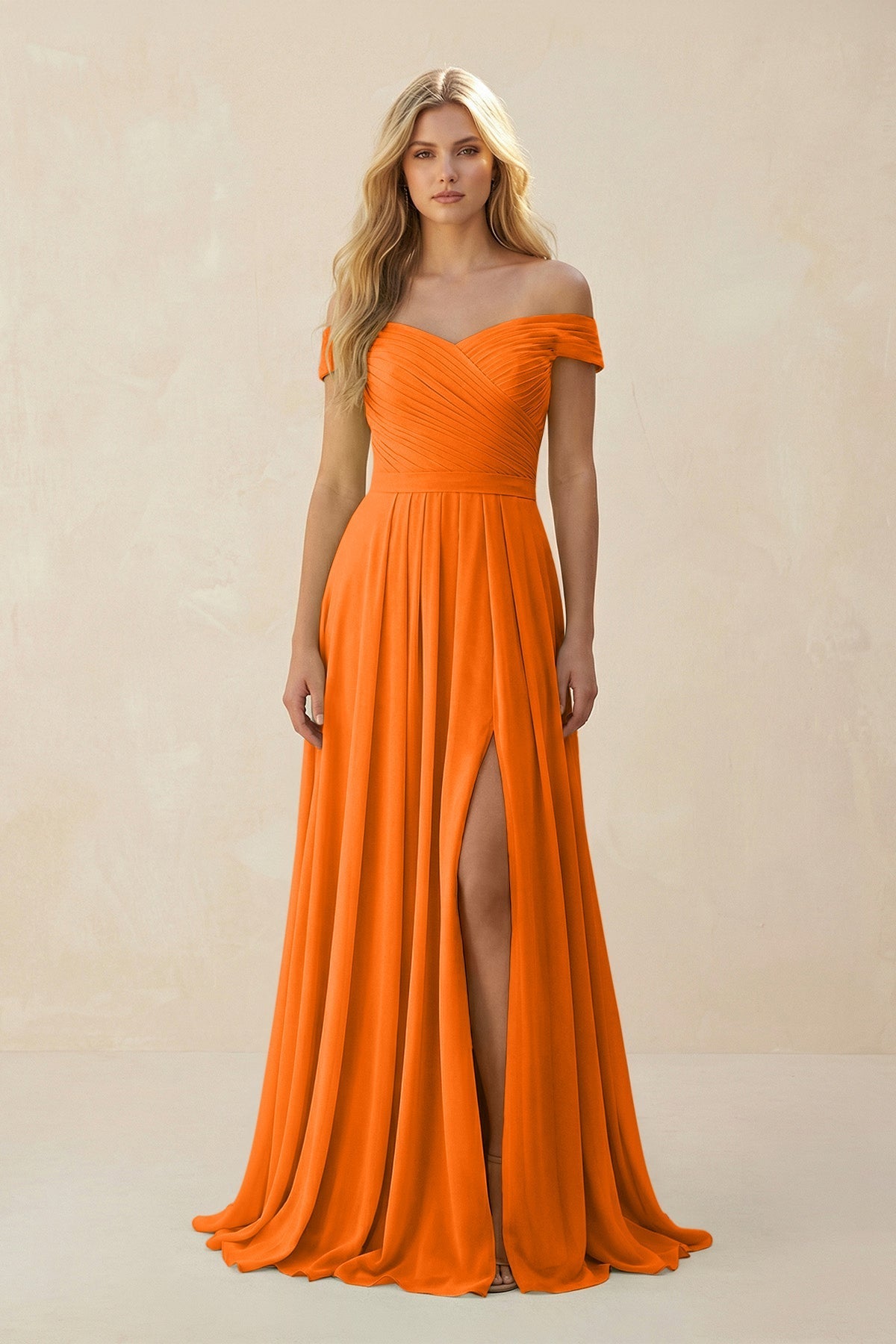 KissProm Off-the-Shoulder Pleated A-Line Chiffon Bridesmaid Dress in Cinnamon, Cinnamon / Custom Size( Free )