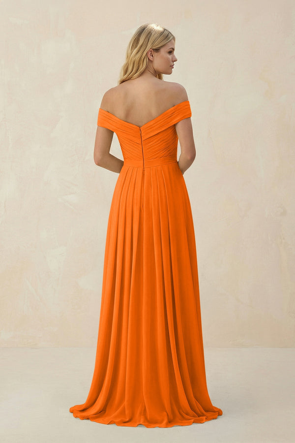 Off - the - Shoulder Pleated A - Line Chiffon Bridesmaid Dress in Cinnamon - KissProm Bridesmaid Dresses