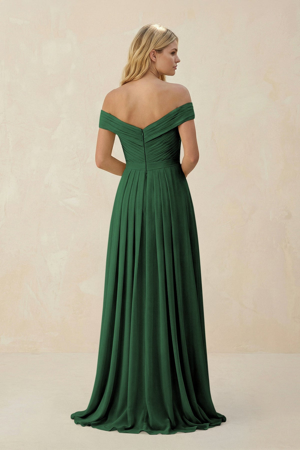 Off - the - Shoulder Pleated A - Line Chiffon Bridesmaid Dress in Dark Green - KissProm Bridesmaid Dresses