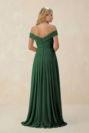 Off - the - Shoulder Pleated A - Line Chiffon Bridesmaid Dress in Dark Green - KissProm Bridesmaid Dresses