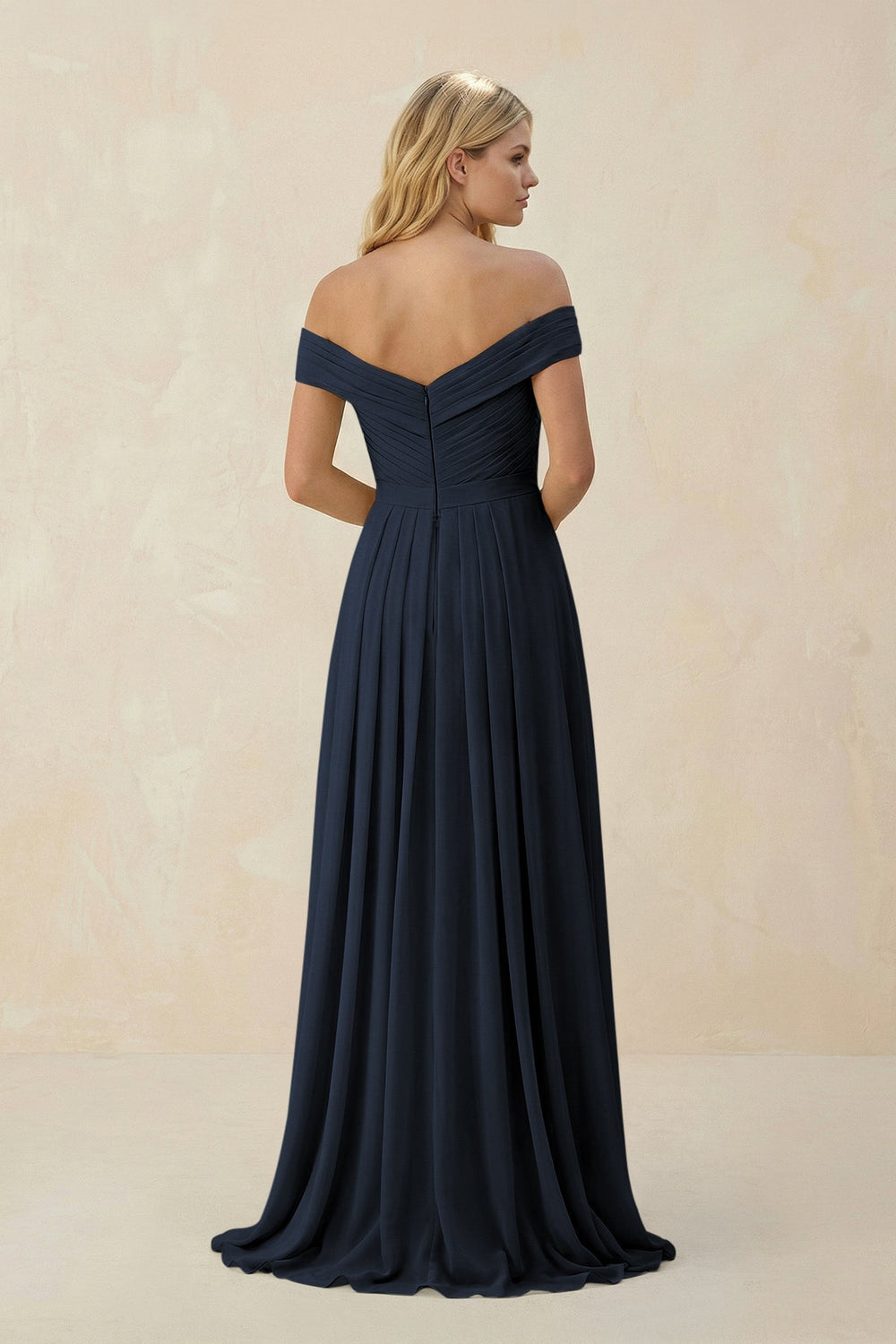Off - the - Shoulder Pleated A - Line Chiffon Bridesmaid Dress in Dark Navy - KissProm Bridesmaid Dresses