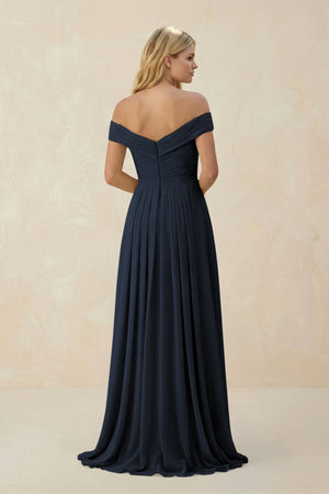 Off - the - Shoulder Pleated A - Line Chiffon Bridesmaid Dress in Dark Navy - KissProm Bridesmaid Dresses