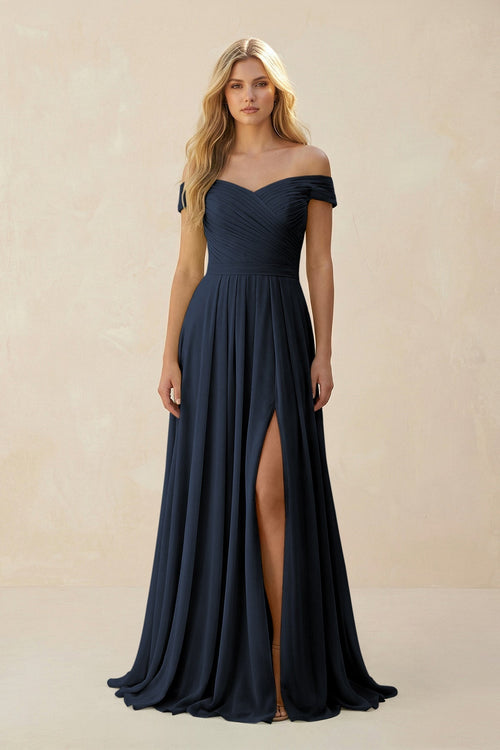 Off - the - Shoulder Pleated A - Line Chiffon Bridesmaid Dress in Dark Navy - KissProm Bridesmaid Dresses