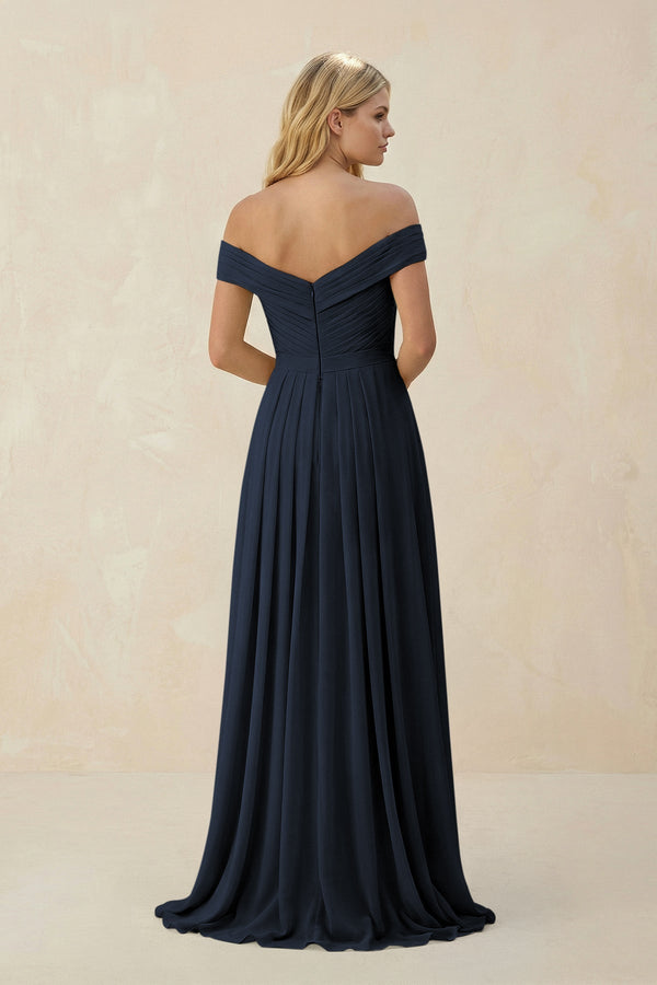 Off - the - Shoulder Pleated A - Line Chiffon Bridesmaid Dress in Dark Navy - KissProm Bridesmaid Dresses