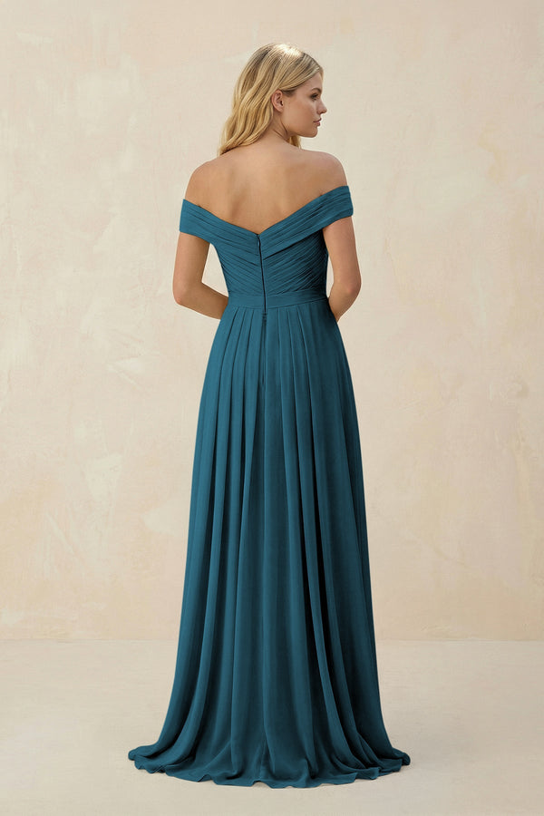 Off - the - Shoulder Pleated A - Line Chiffon Bridesmaid Dress in Dark Teal - KissProm Bridesmaid Dresses