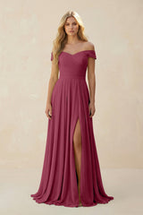 Off - the - Shoulder Pleated A - Line Chiffon Bridesmaid Dress in Desert Rose - KissProm Bridesmaid Dresses