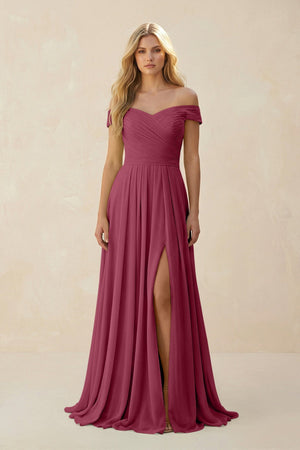 Off - the - Shoulder Pleated A - Line Chiffon Bridesmaid Dress in Desert Rose - KissProm Bridesmaid Dresses